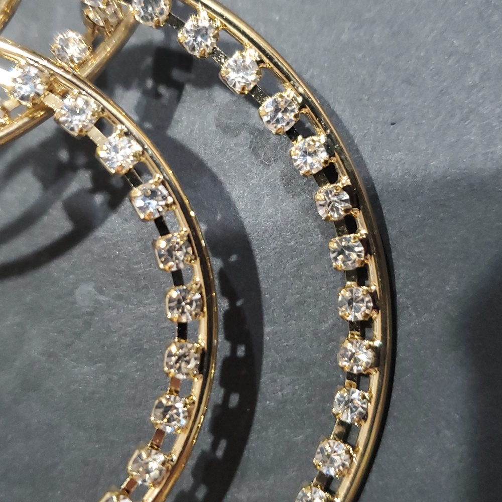 Natasha couture gold tone cz crystal rhinestone studded double hoop earrings new - Picture 6 of 10
